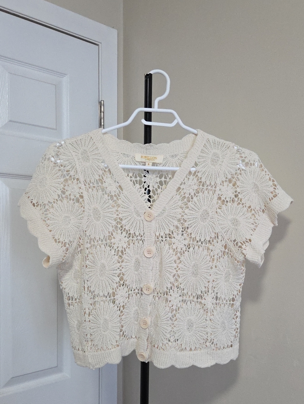 Rebellion Again Crochet Button-Front Crop Top in Cream